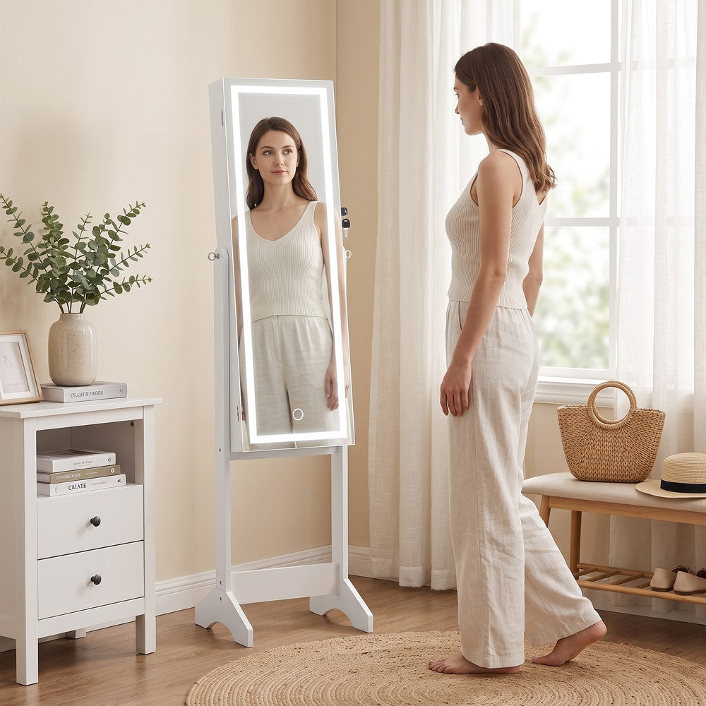 HOMCOM Mirror Jewelry Cabinet with LED Light, Freestanding Lockable Full Length Mirror with Storage, 3 Angles Adjustable, White