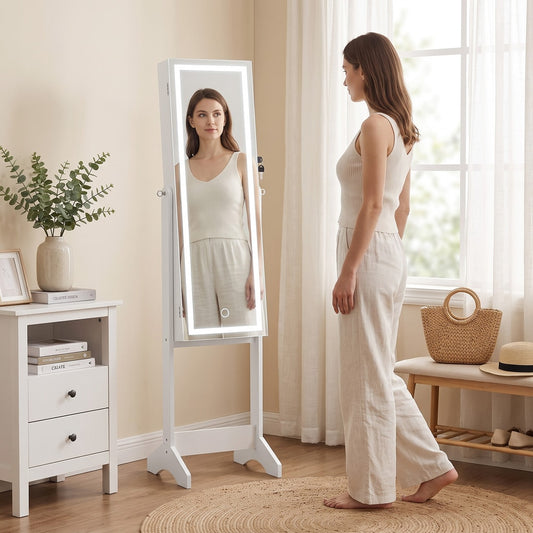 HOMCOM Mirror Jewelry Cabinet with LED Light, Freestanding Lockable Full Length Mirror with Storage, 3 Angles Adjustable, White