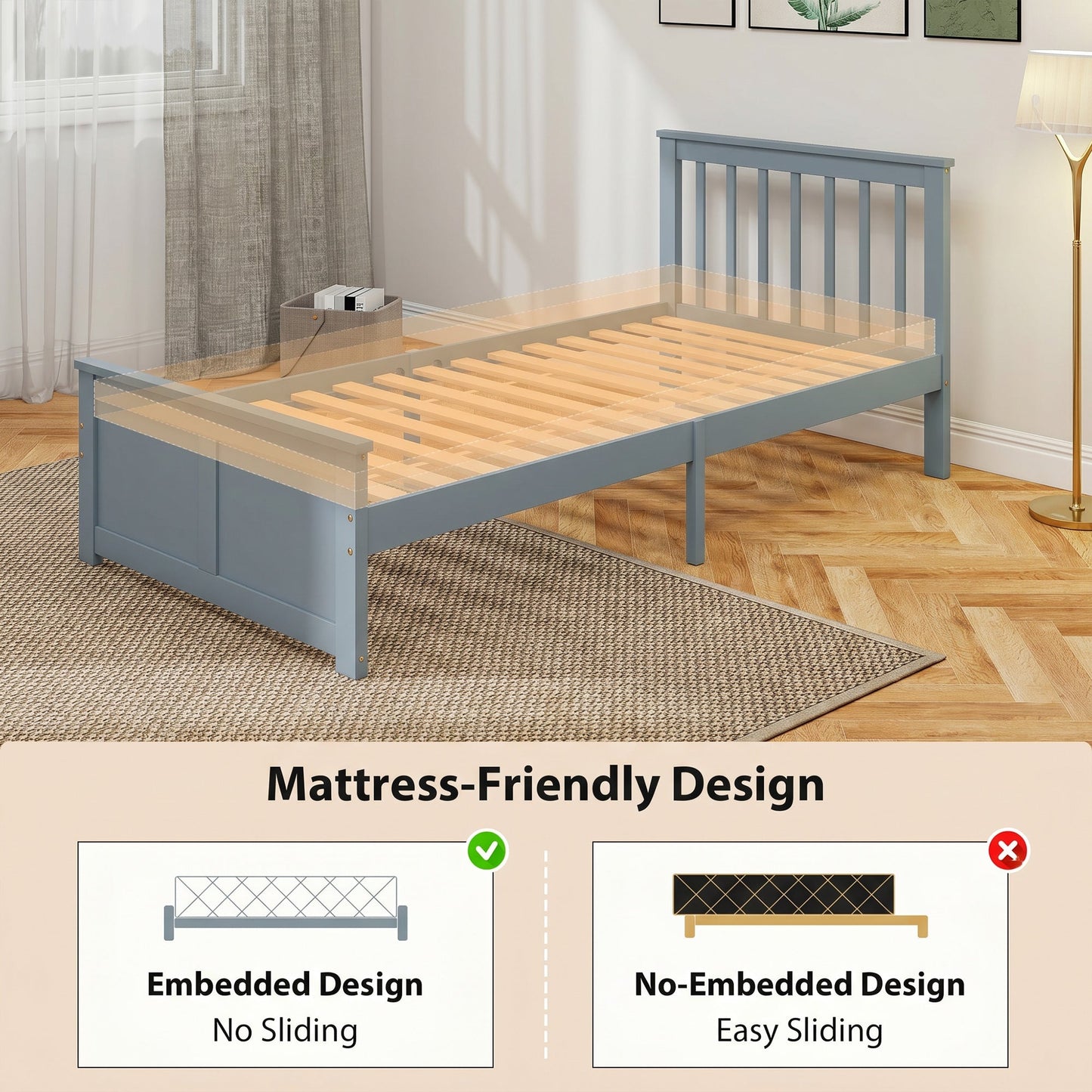 HOMCOM Pine Storage Bed, 3ft Single Solid Wooden Bed Frame with Drawers, Headboard, Wood Slat Support, Grey