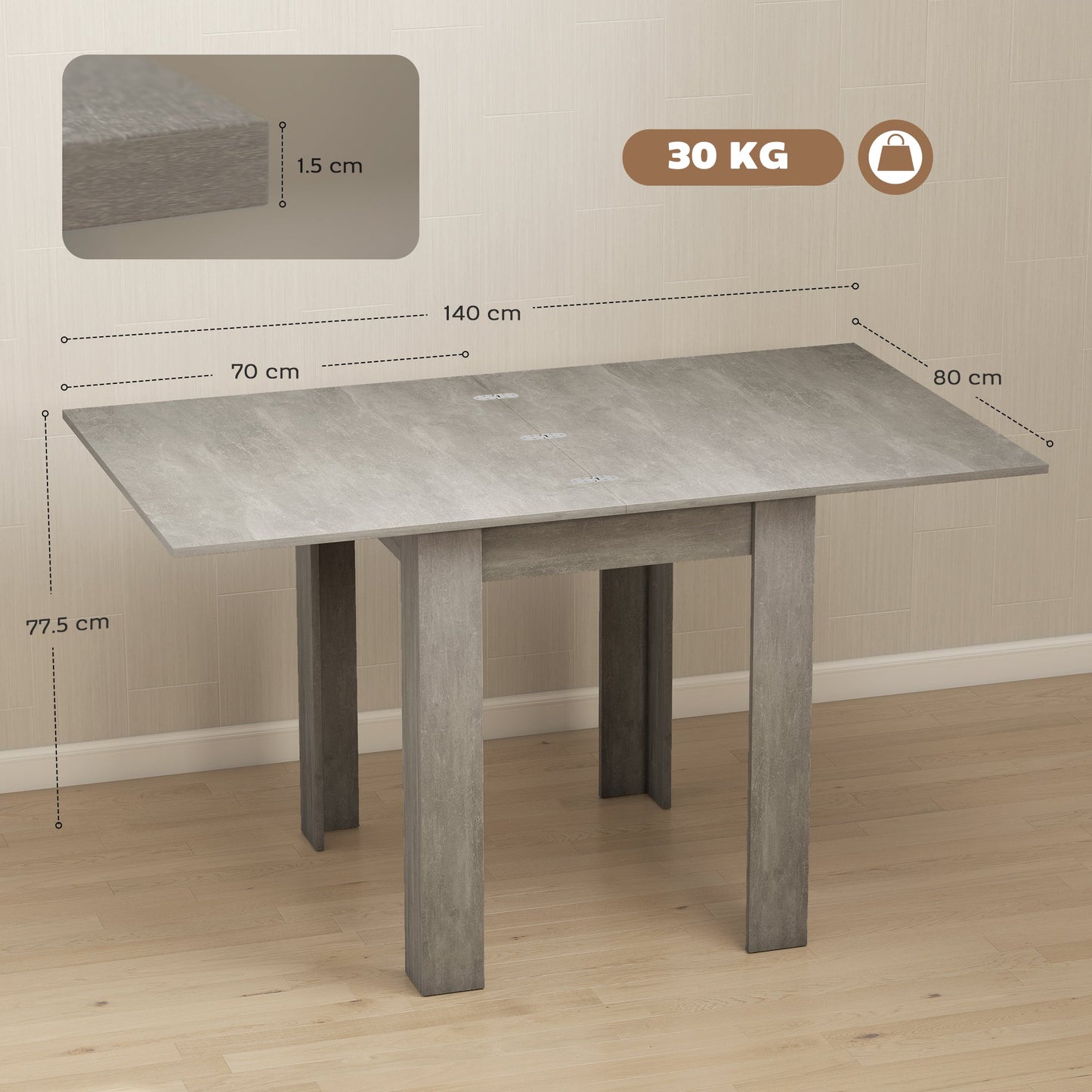 HOMCOM Folding Dining Table for 4-6, Rectangular Extendable Drop Leaf Table for Small Spaces, 140 x 80 x 77.5 cm, Grey