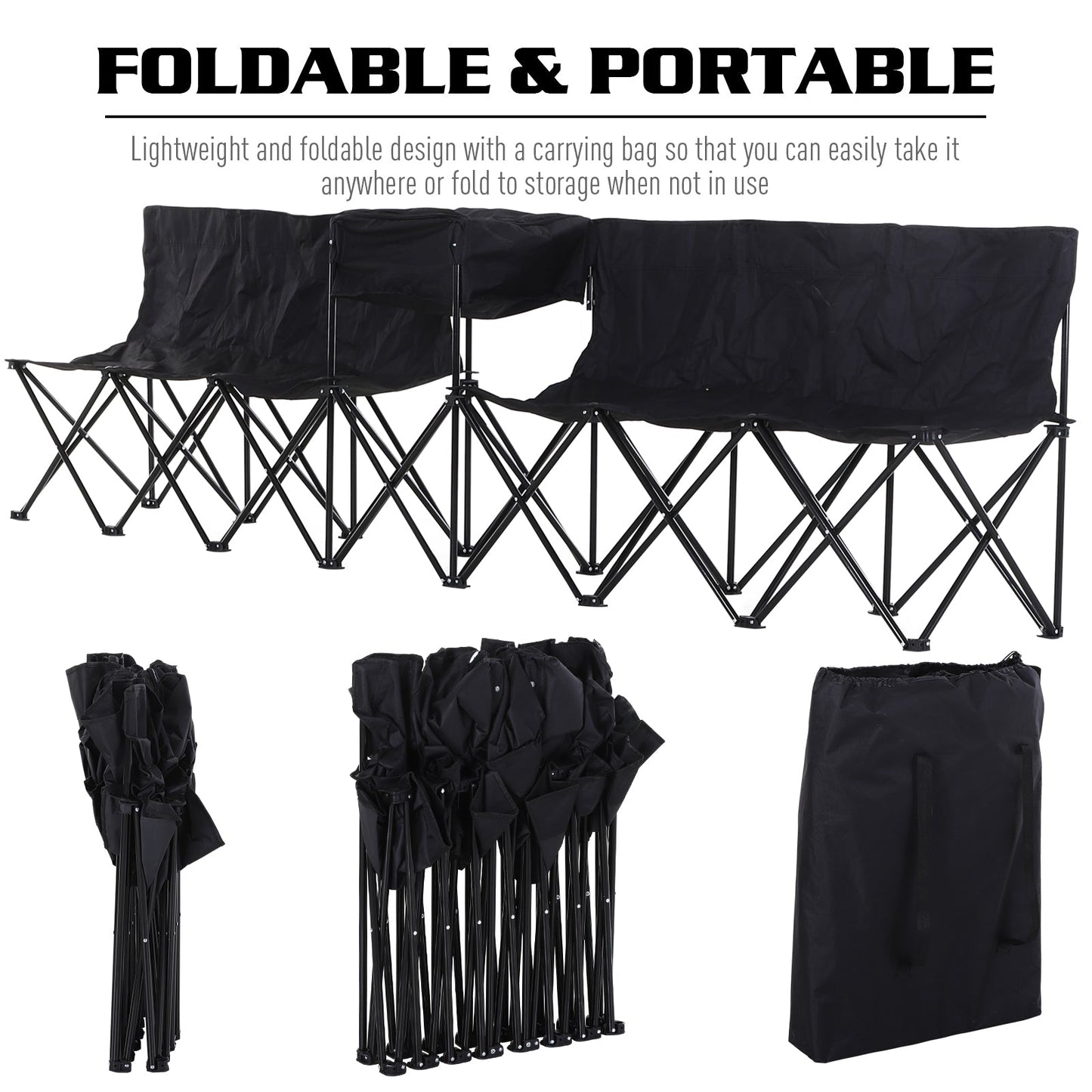 Outsunny 6 Seat Folding Sports Bench Portable Sports Team Bench Spectator Chair with Cooler Bag and Carrying Bag for Outdoor Picnic Camping - Black