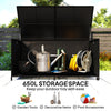 Outsunny 650L Garden Storage Box with 2 Wheels, Rattan Deck Box with Waterproof Zipped Liner, Safe Pneumatic Rods, Black