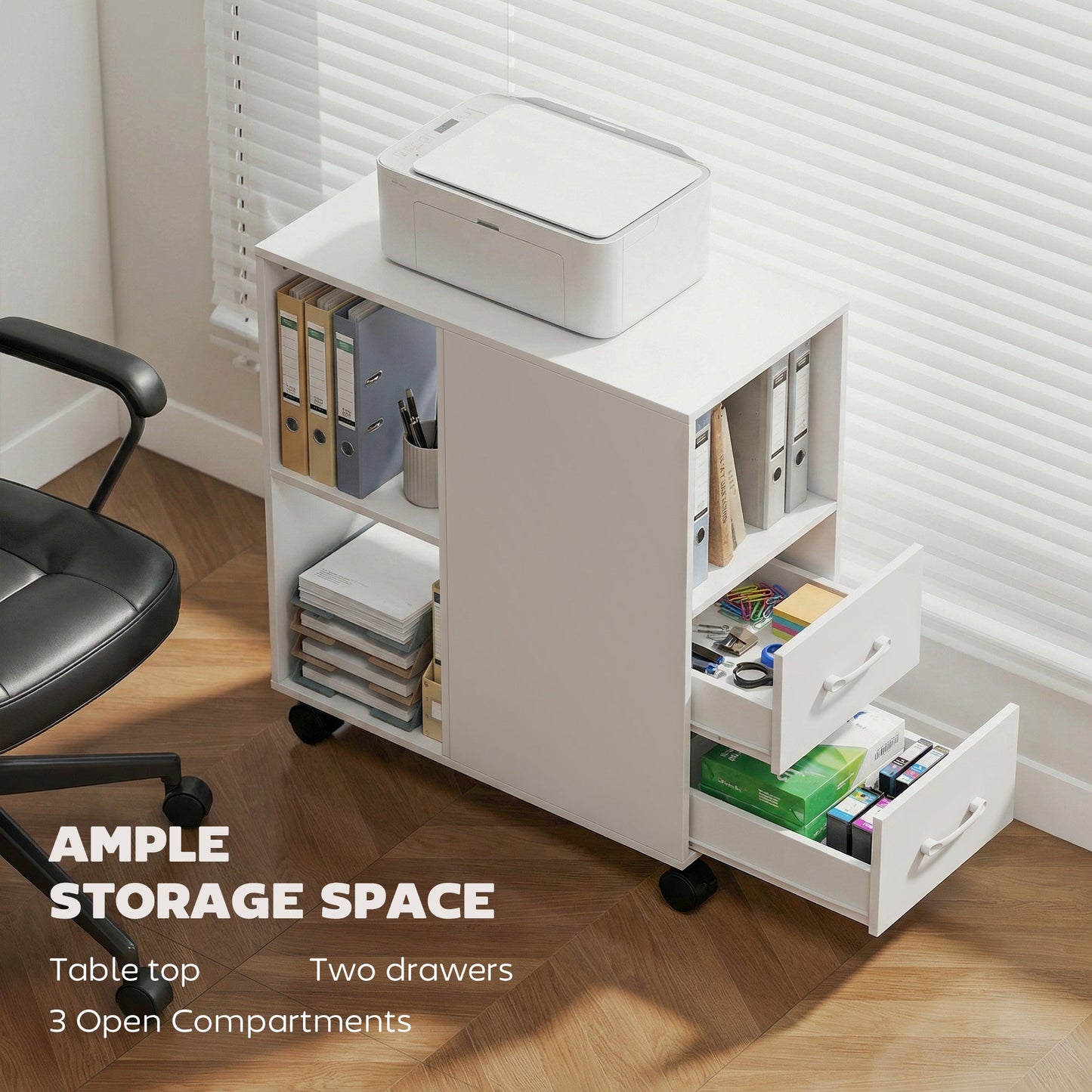 HOMCOM Narrow Mobile Printer Table with Wheels, Rolling Printer Stand with Drawers for Home Office, 30 x 60 x 65 cm, White