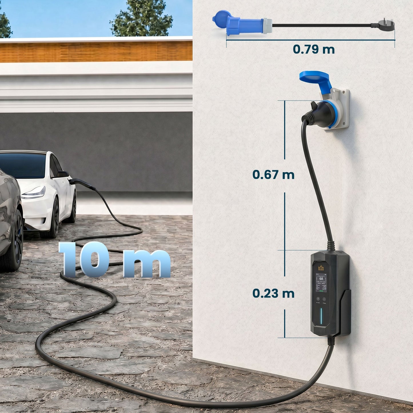 HOMCOM EV Charger 7kW Type 2 to CEE 32A Plug with UK Adapter, 10 m, 6-32A, Electric Car Charger w/ 1-12 h Time Delay