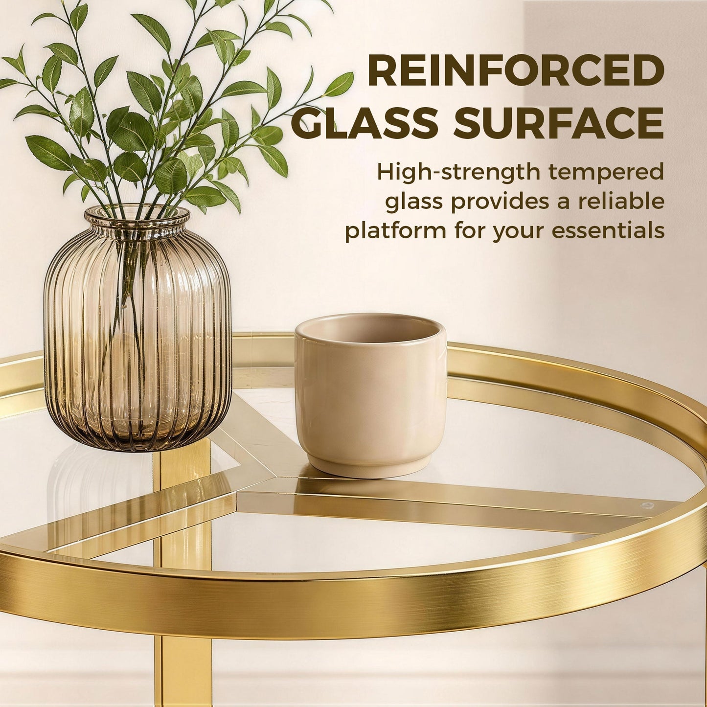 HOMCOM Round Side Table with Tempered Glass Top and Geometric Metal Frame for Small Space, Gold Tone