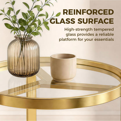HOMCOM Round Side Table with Tempered Glass Top and Geometric Metal Frame for Small Space, Gold Tone