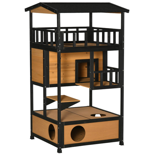 PawHut Wooden Outdoor Cat House, 3-Tier Cat Shelter with Tilted Roof, Terrace, Jump Step, Bottom Tray and Elevated Base, Waterproof Paint, Yellow