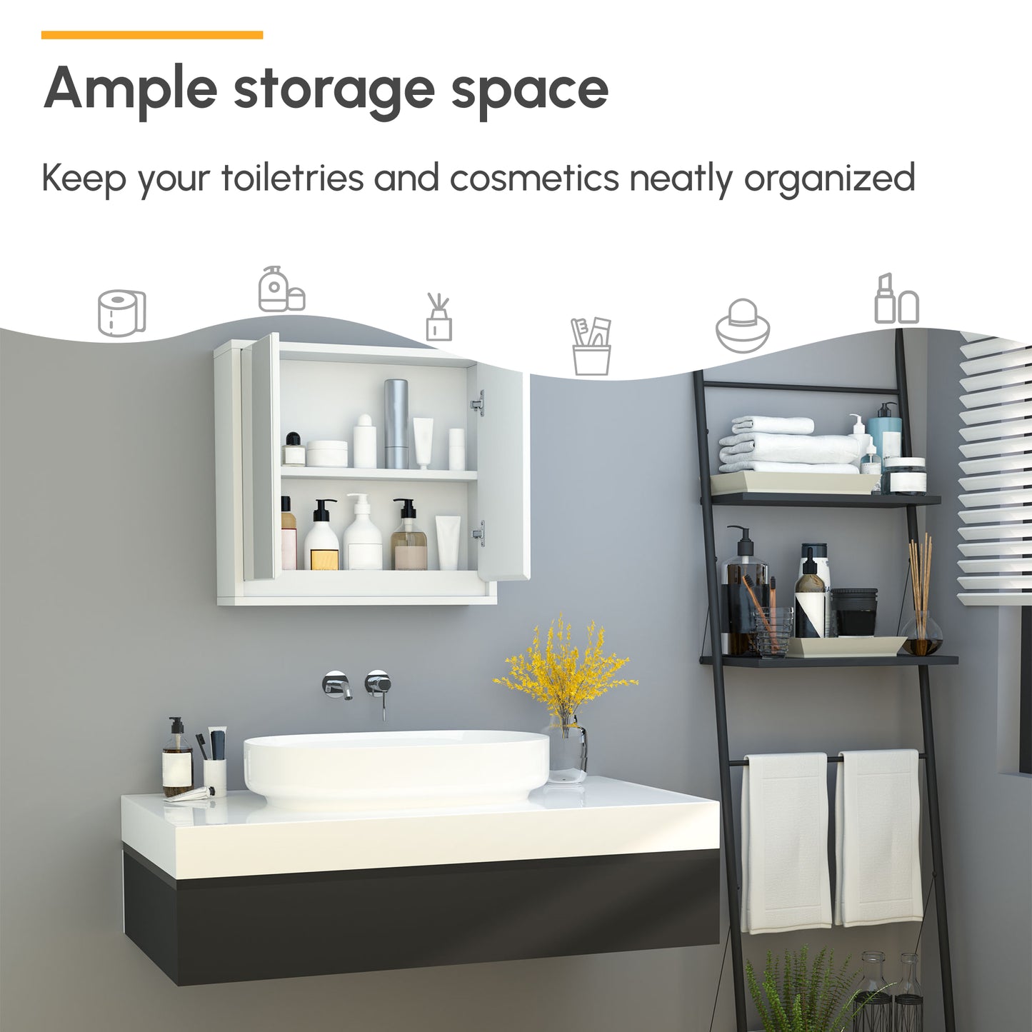 HOMCOM Bathroom Mirror Cabinet Wall Mounted Storage Shelf Bathroom Cupboard Double Door, White