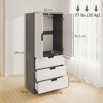 HOMCOM 2 Door Wardrobe, Modern Wardrobe with 3 Drawers and Hanging Rod for Bedroom, Grey