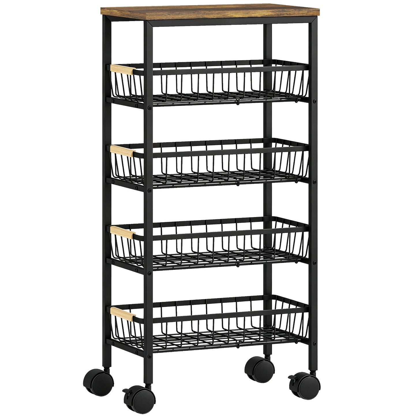 HOMCOM Metal Kitchen Trolley, 4-Tier Storage Trolley with Pull-Out Baskets and 4 Swivel Casters for Kitchen, Rustic Brown