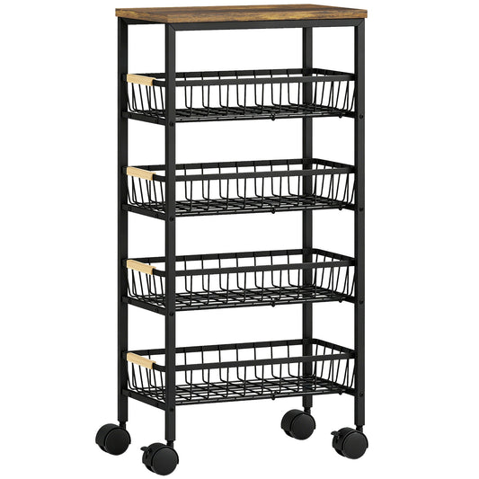 HOMCOM Metal Kitchen Trolley, 4-Tier Storage Trolley with Pull-Out Baskets and 4 Swivel Casters for Kitchen, Rustic Brown
