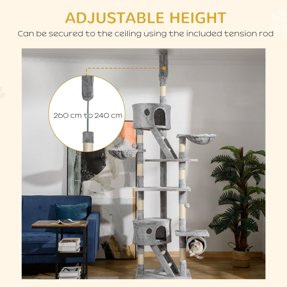 Close up of the adjustable height tension rod for the cat tree