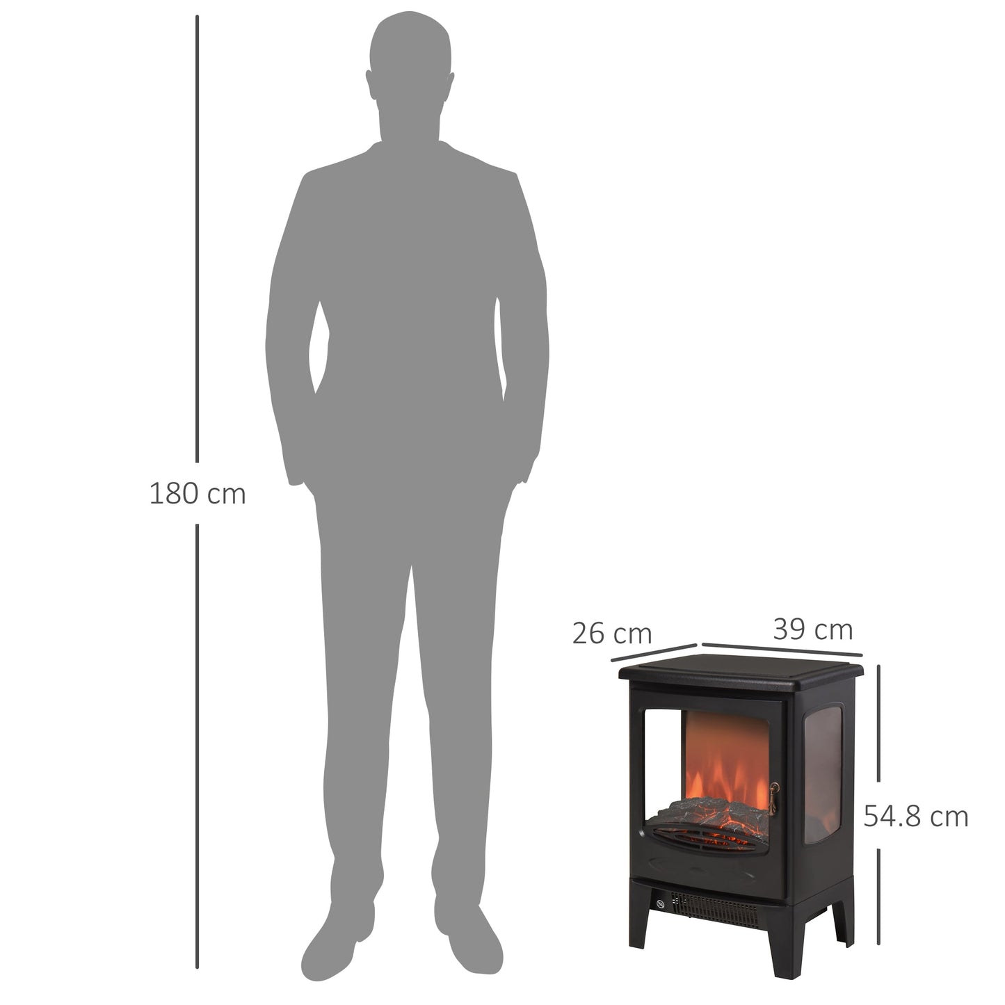 HOMCOM 900W/1800W Freestanding Electric Fireplace Room Heater w/ Adjustable Artificial Flame 3-Sided Tempered Glass Panels Safe Home Warmth Retro Faux Fire