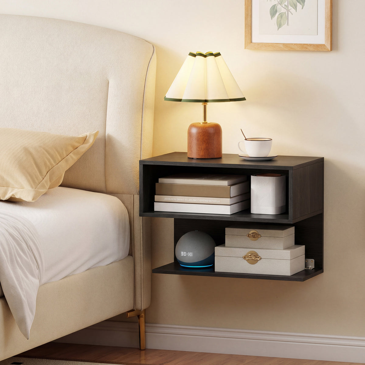 Wall Mounted Bedside Table with Storage Shelves-Black