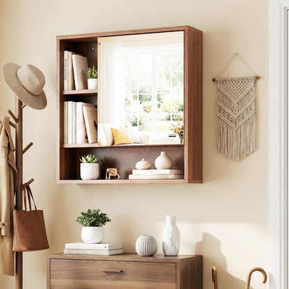Wall Mounted Storage Organizer with Mirror for Bathroom-Brown
