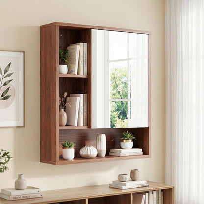 Wall Mounted Storage Organizer with Mirror for Bathroom-Brown