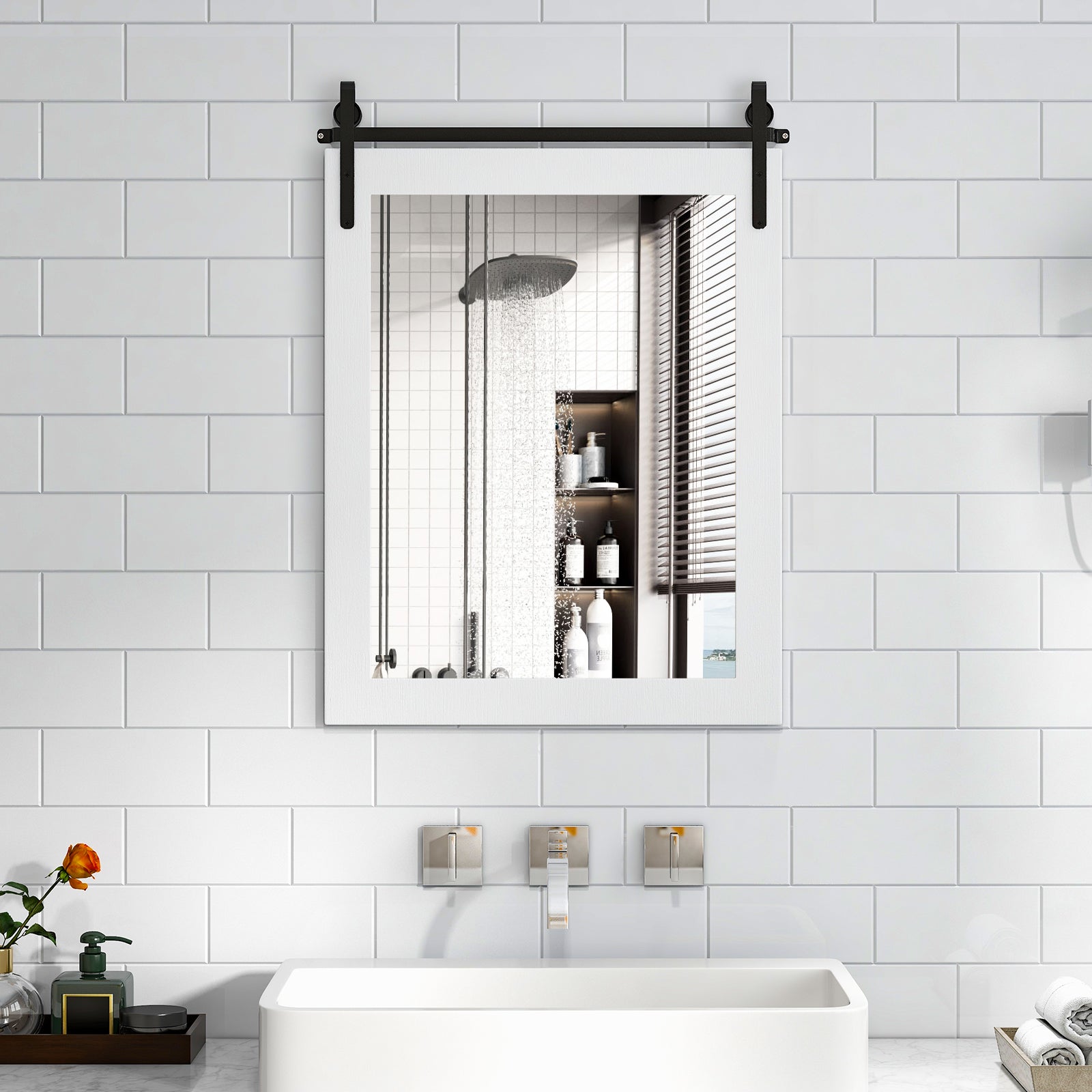 Wall Mounted Mirror with Solid Wood Frame and Metal Bracket-White