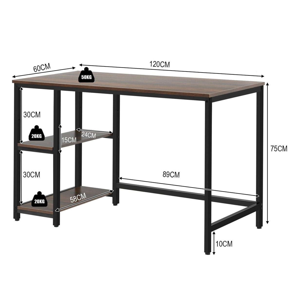 Industrial Computer Desk with Storage Sheves-Walnut