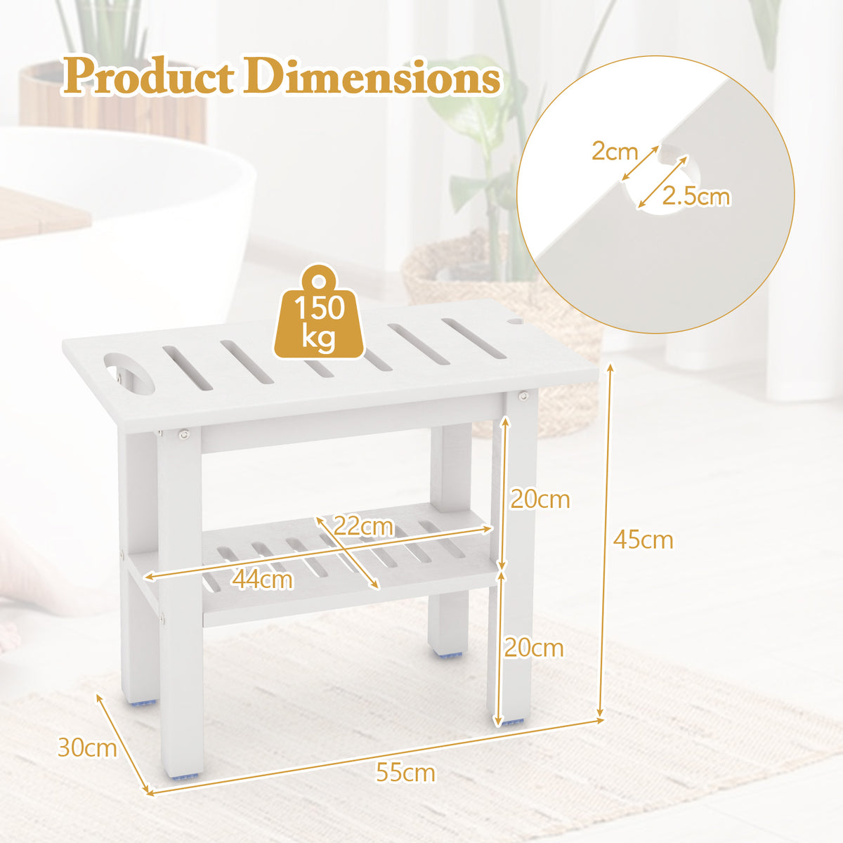 Waterproof HDPE Shower Bench Bath Stool for Inside Shower-White