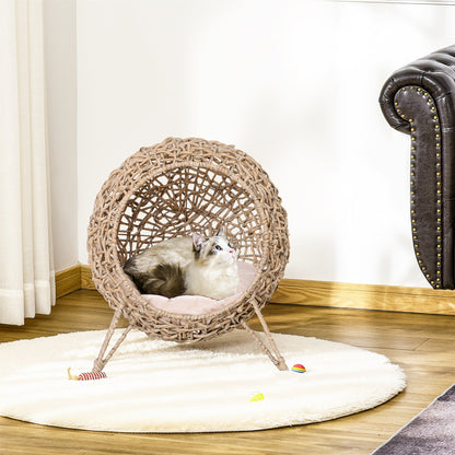 PawHut Rattan Elevated Cat Bed House Kitten Basket Ball-Shaped Pet Furniture w/ Removable Cushion - Natural