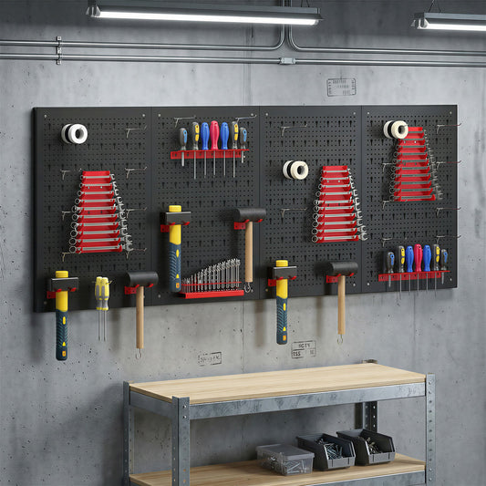 HOMCOM 38 Pcs Wall-Mounted Pegboard with 4 Boards, Garage Tool Storage Unit Black and Red
