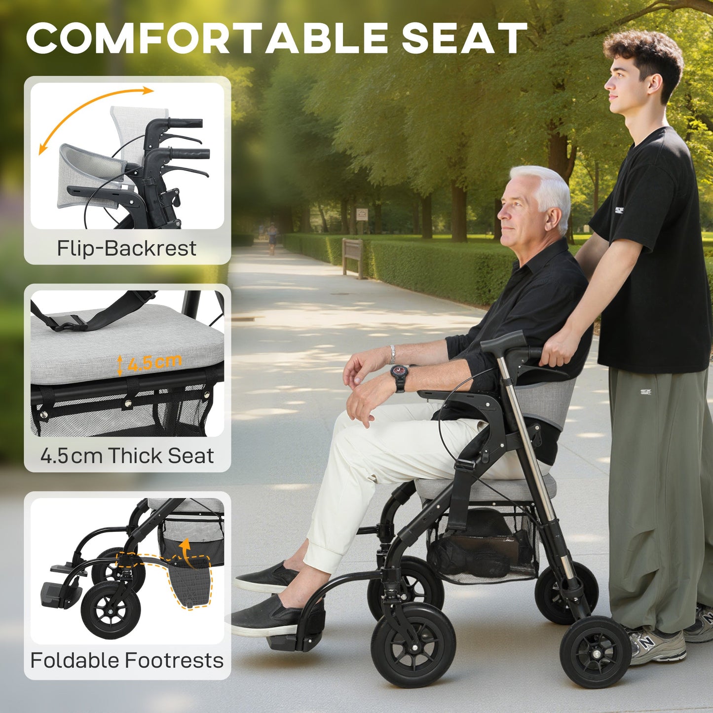 HOMCOM Rollator Walker Wheelchair, with Seat - Grey