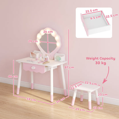 AIYAPLAY Kids Vanity Set, Kids Dressing Table with Chair, Acrylic Mirror, Lighted Bulbs, 7-Piece Accessories, for 3-8 Years, Pink
