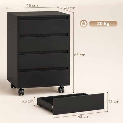 HOMCOM Four-Drawer Office Filing Cabinet, with Wheels - Black
