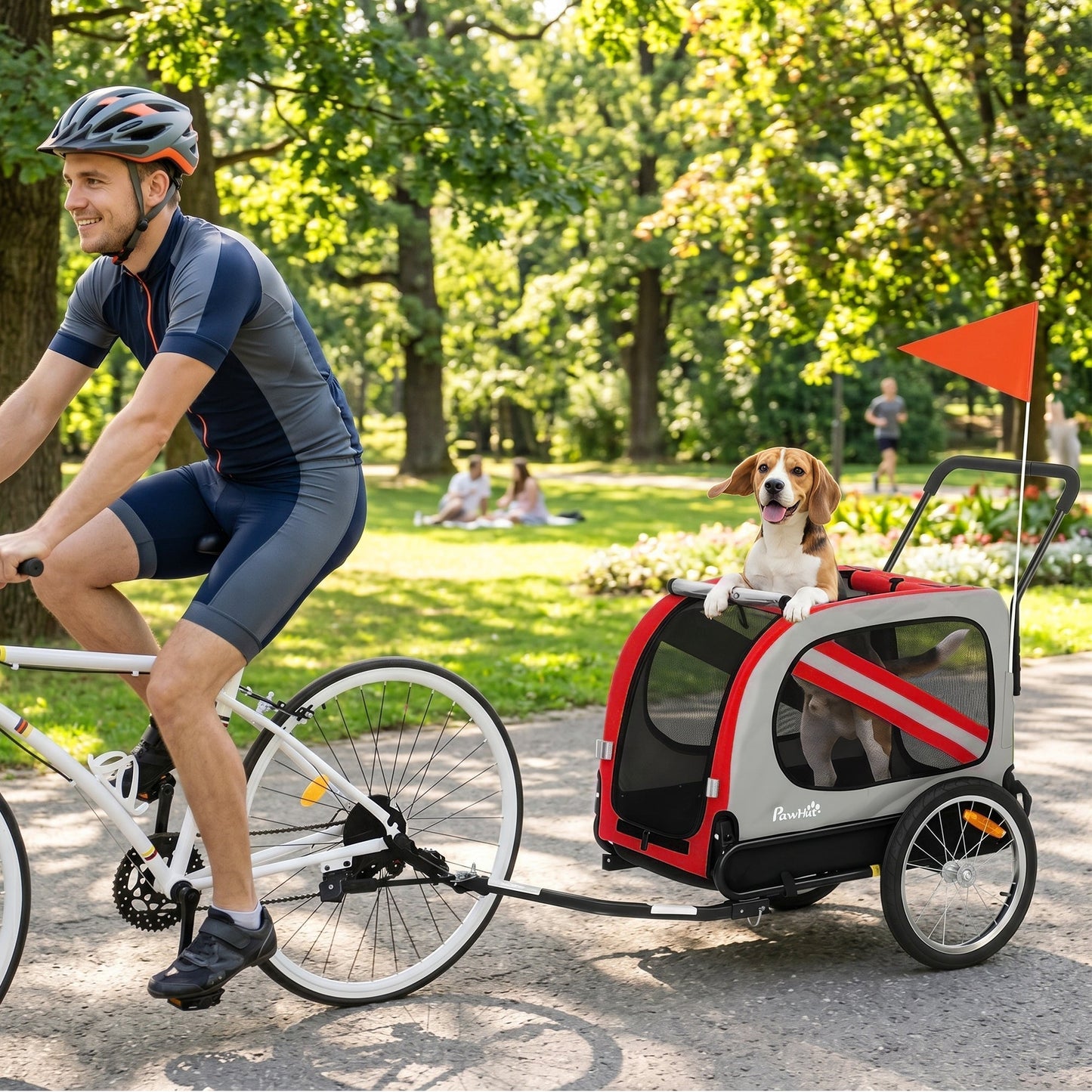 PawHut 2-In-1 Dog Bike Trailer Pet Stroller with Universal Wheel Reflector Flag Red