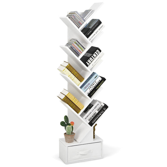 10-Tier Freestanding Tree Bookshelf with Drawer in white, a tall narrow bookcase with a drawer at the bottom