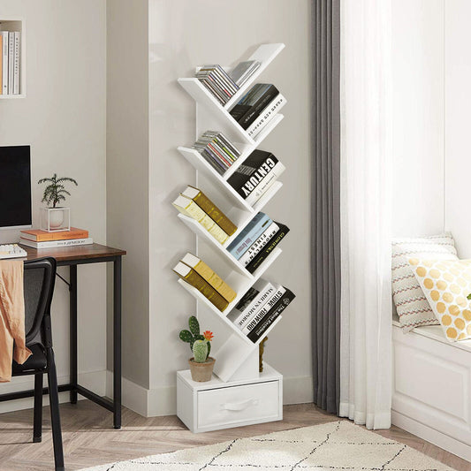 The white tree bookcase with a drawer, shown in a room with a desk and chair