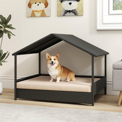 Wicker Dog House Outdoor Indoor with Canopy up to 60kg-Beige