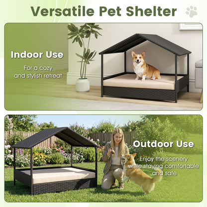 Wicker Dog House Outdoor Indoor with Canopy up to 60kg-Beige