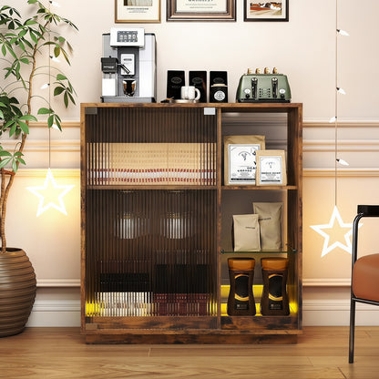 Wine Bar Cabinet with LED Lights & Glass Racks for Living Room Dining Room-Rustic Bown