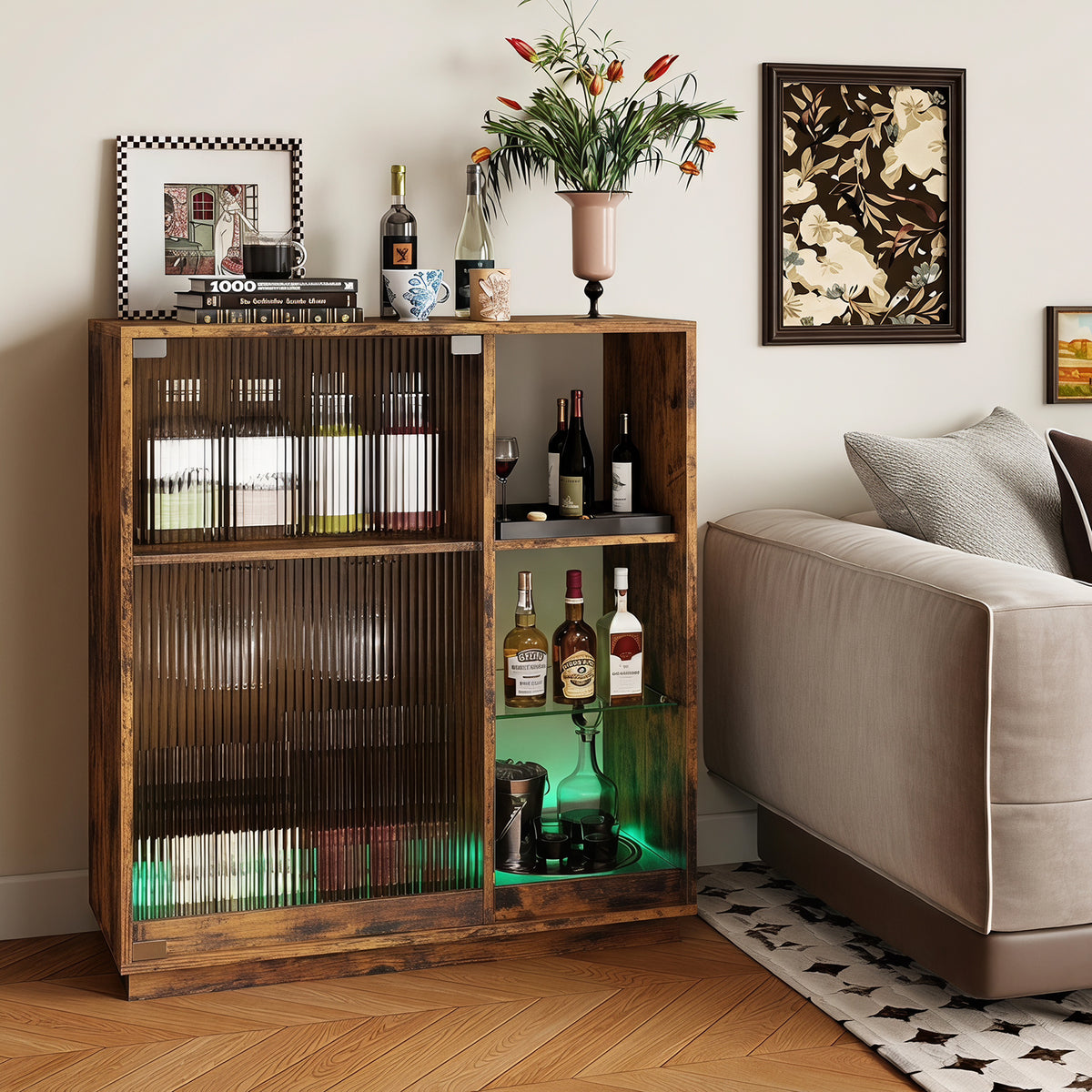 Wine Bar Cabinet with LED Lights & Glass Racks for Living Room Dining Room-Rustic Bown
