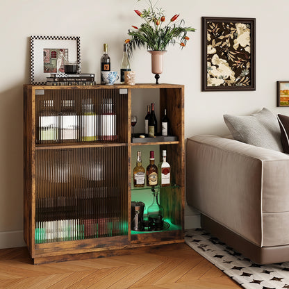 Wine Bar Cabinet with LED Lights & Glass Racks for Living Room Dining Room-Rustic Bown