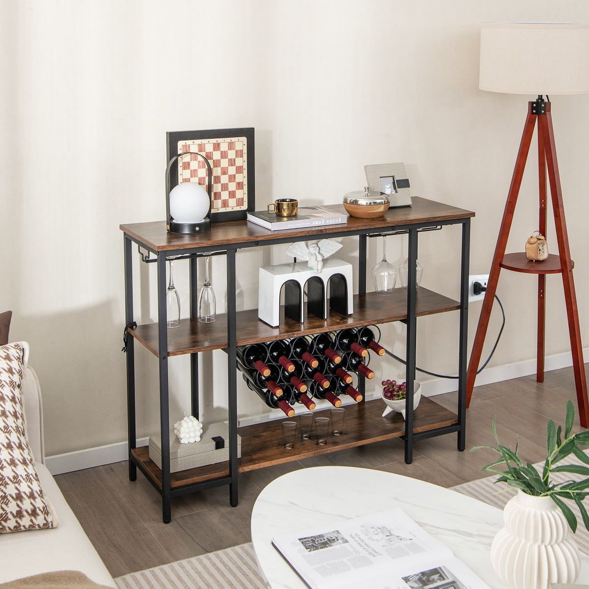 Wine Bar Cabinet Wine Rack with Bottle Racks and Storage Shelves-Brown