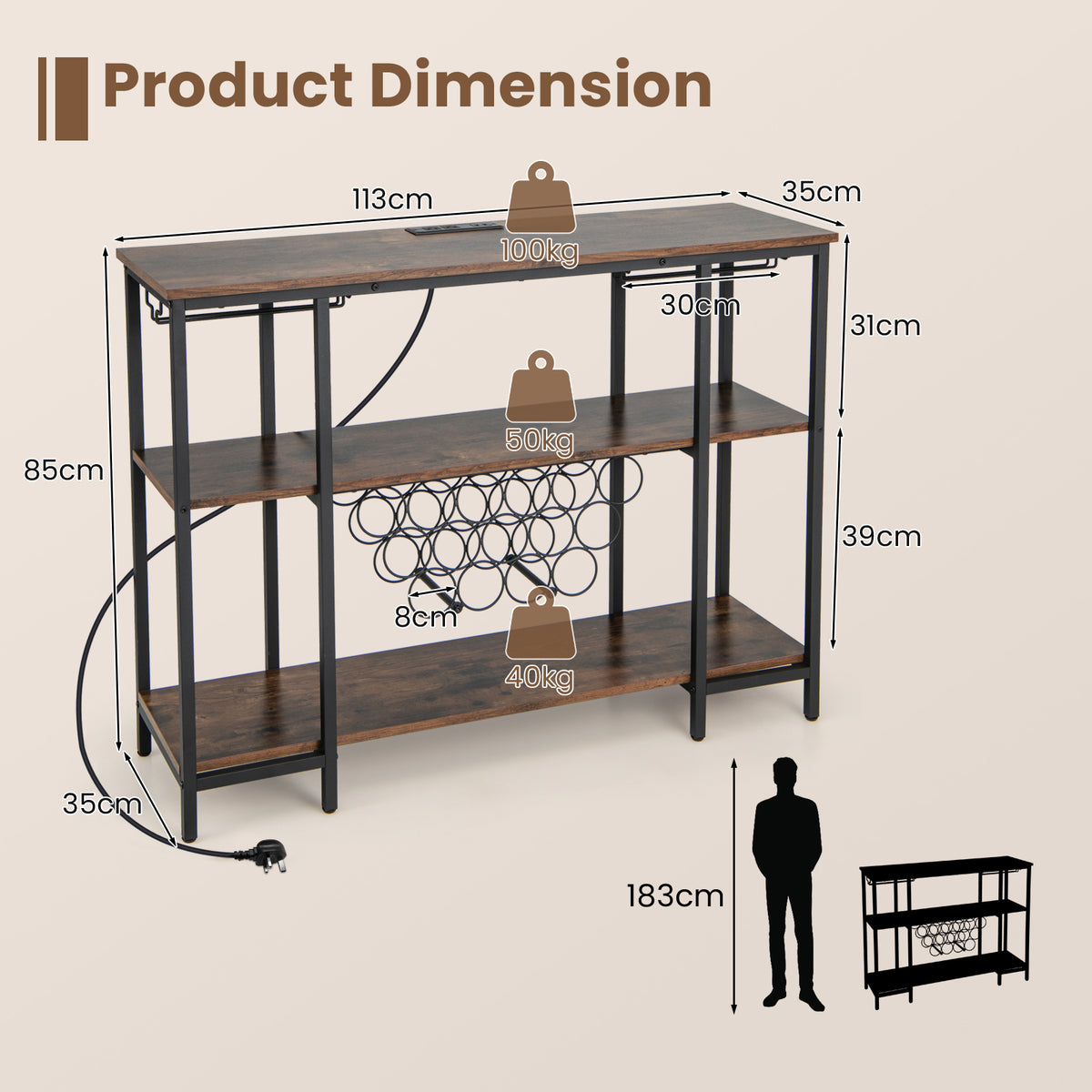 Wine Bar Cabinet Wine Rack with Bottle Racks and Storage Shelves-Brown