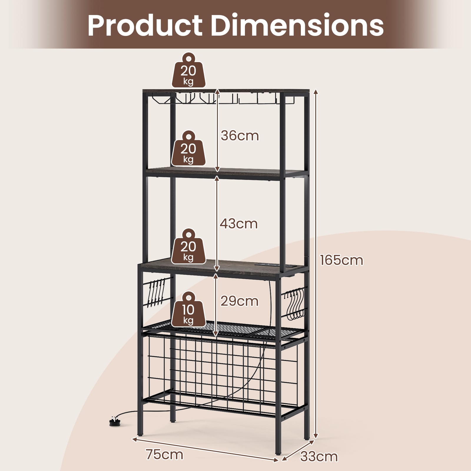 Wine Organizer with Power Outlet Multi-Tier Bakers Rack with Glass-Grey