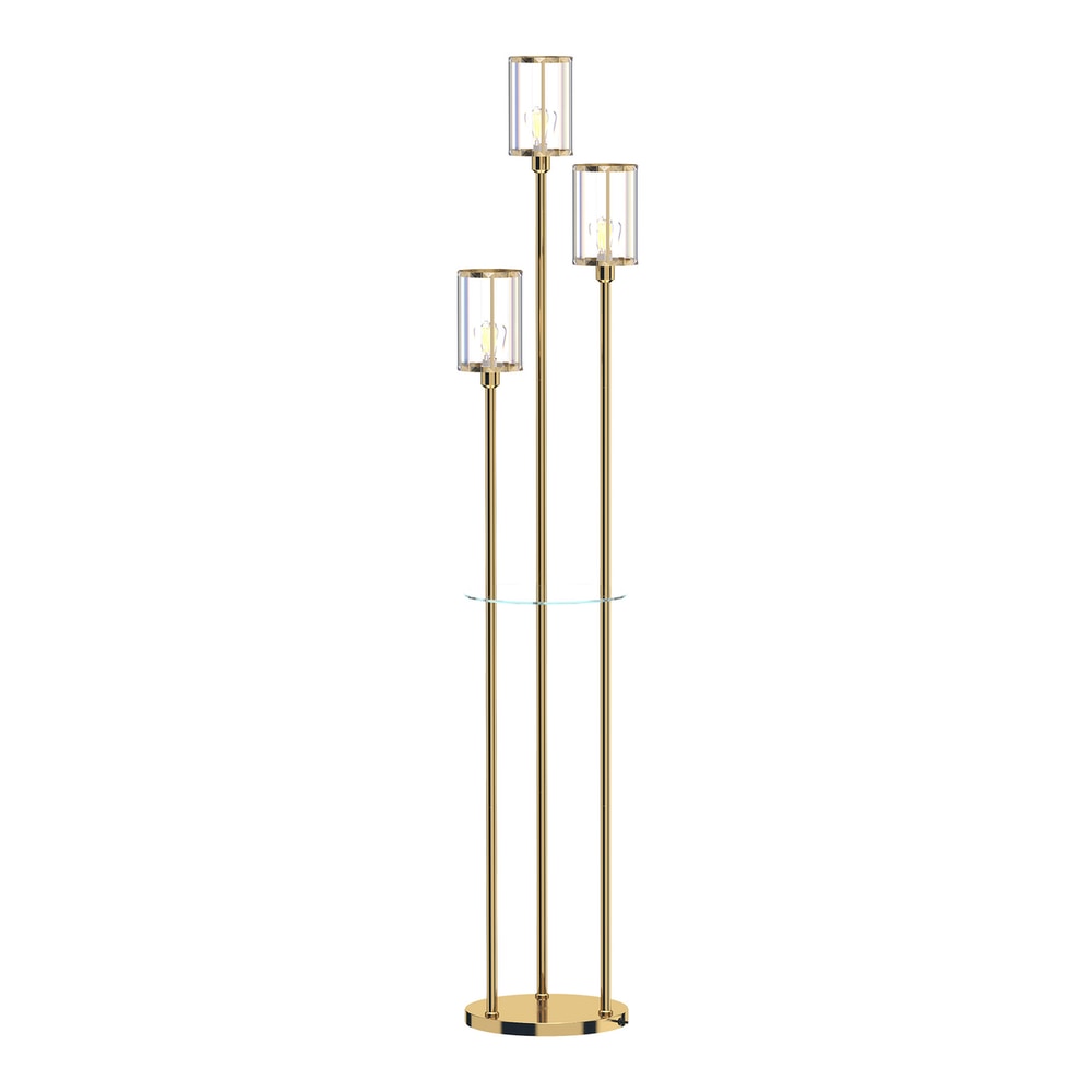 HOMCOM Floor Lamp with Shelves, 3-Light Crystal Standing Lamp with Glass Shades and Foot Switch, Bulbs Not Included, Gold Tone