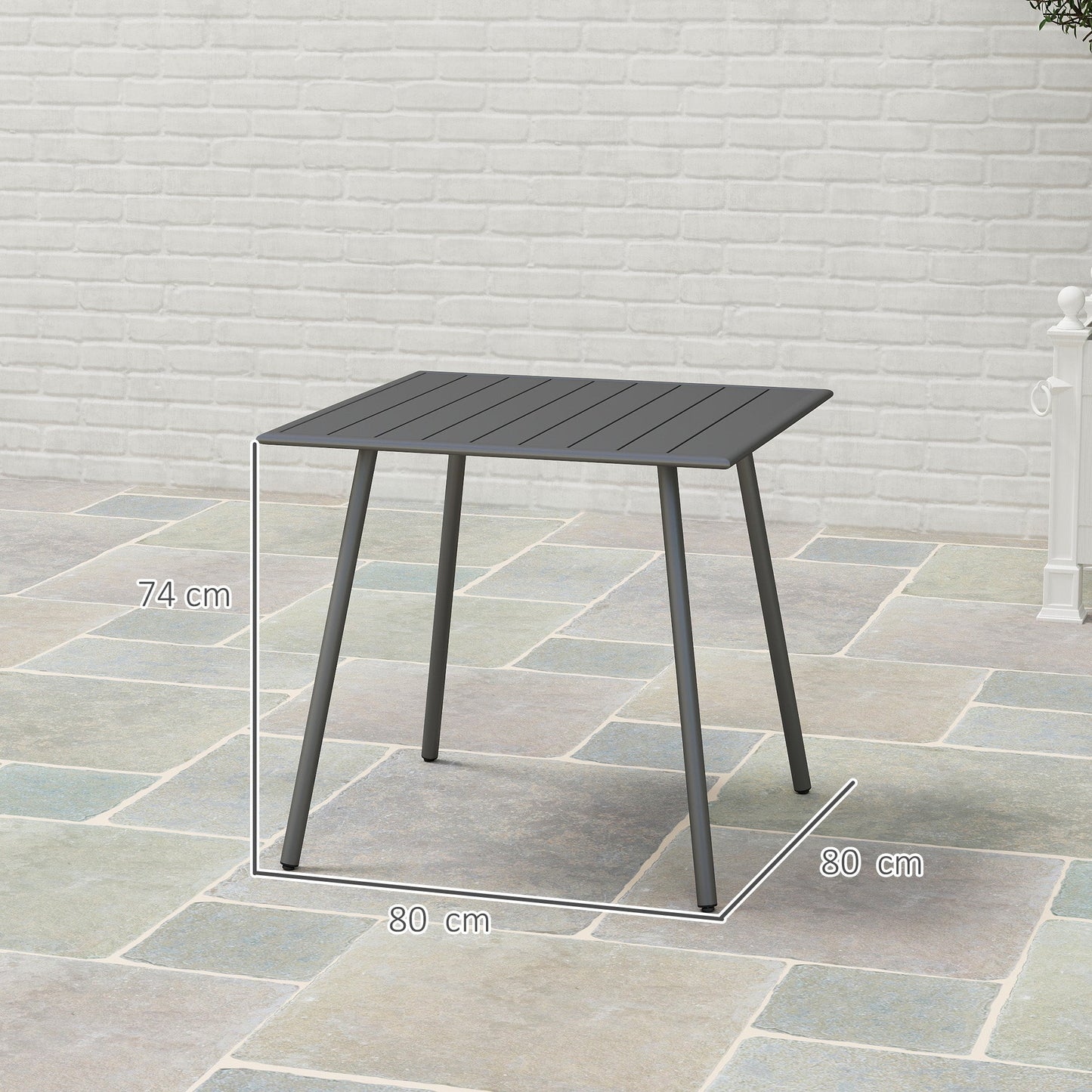طاولة حديقة مربعة من Outsunny بسطح شرائحي، إطار فولاذي، طاولة خارجية لـ 4 أشخاص، 80 × 80 × 74 سم، رمادي