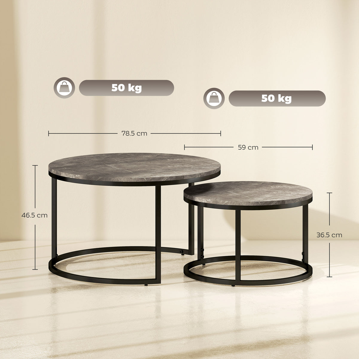 HOMCOM Industrial Nesting Coffee Table Set of 2 in Marble Dark Grey