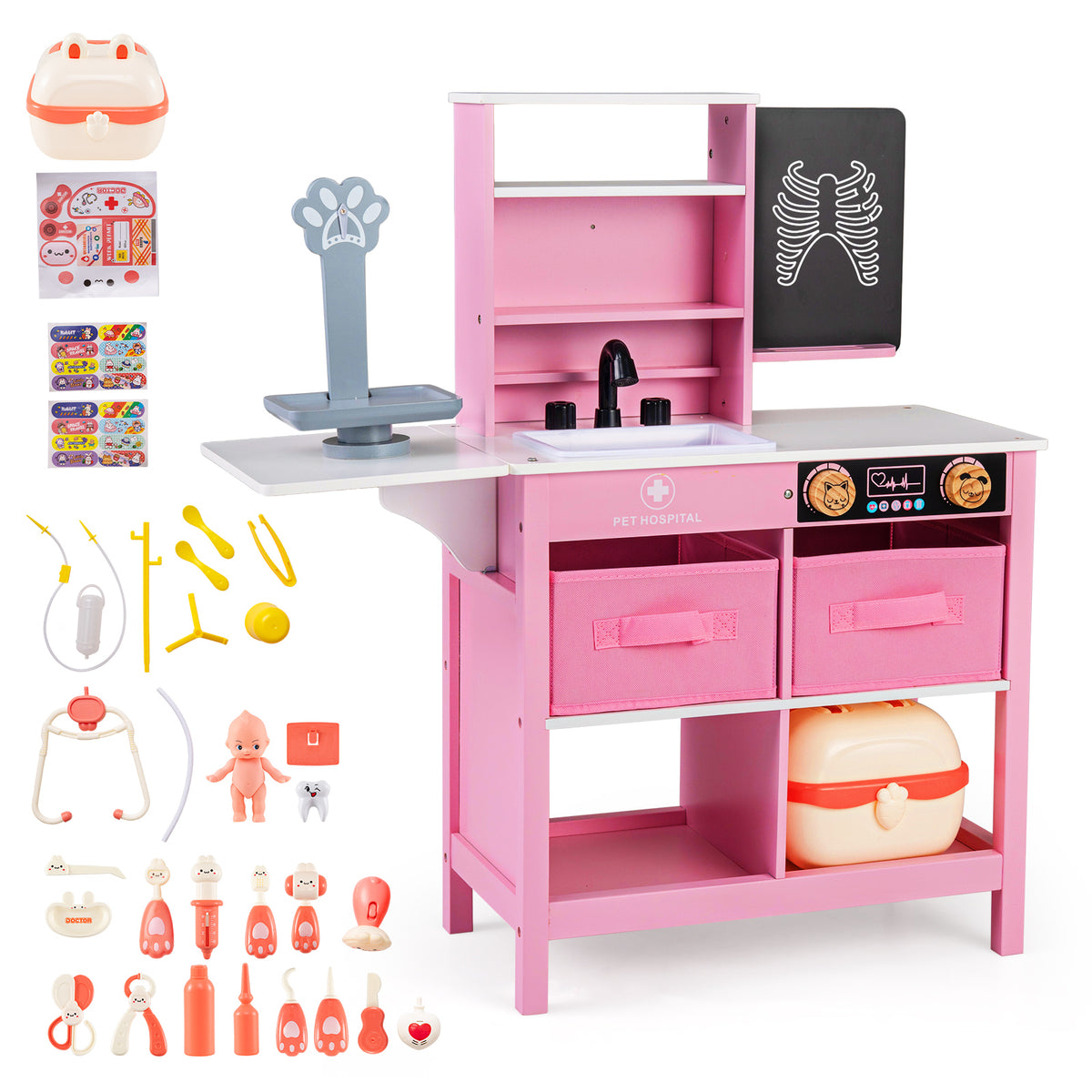 The play kitchen set displayed alongside all the included medical tools and small toy figures