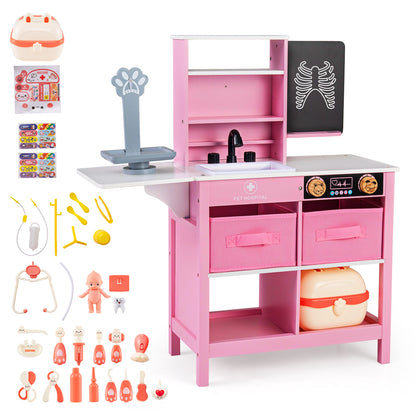 The play kitchen set displayed alongside all the included medical tools and small toy figures