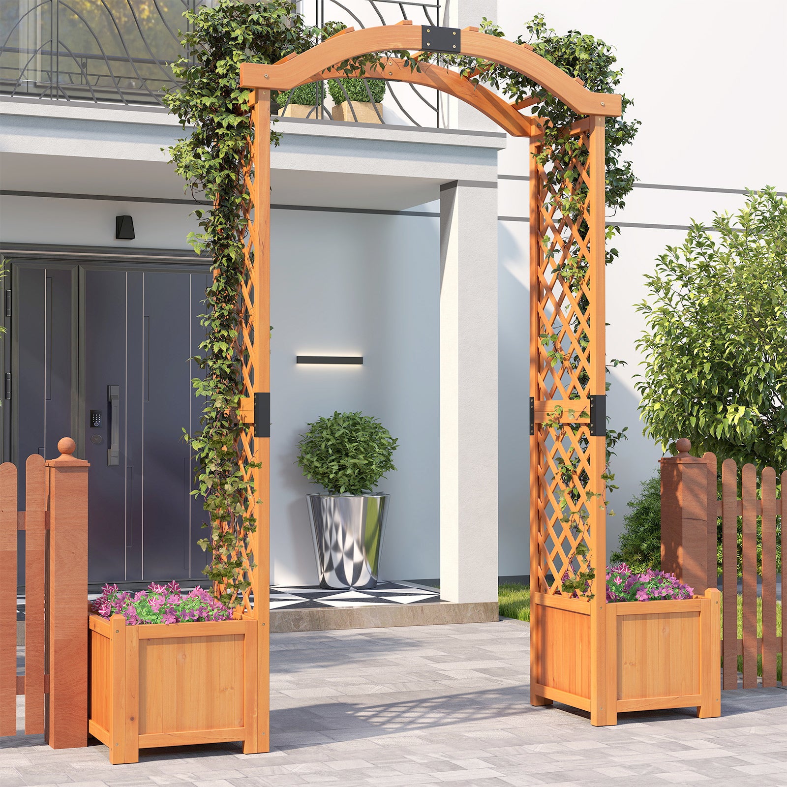 201 cm Tall Wood Garden Arbor with Planter Boxes for Climbing Plants-Yellow