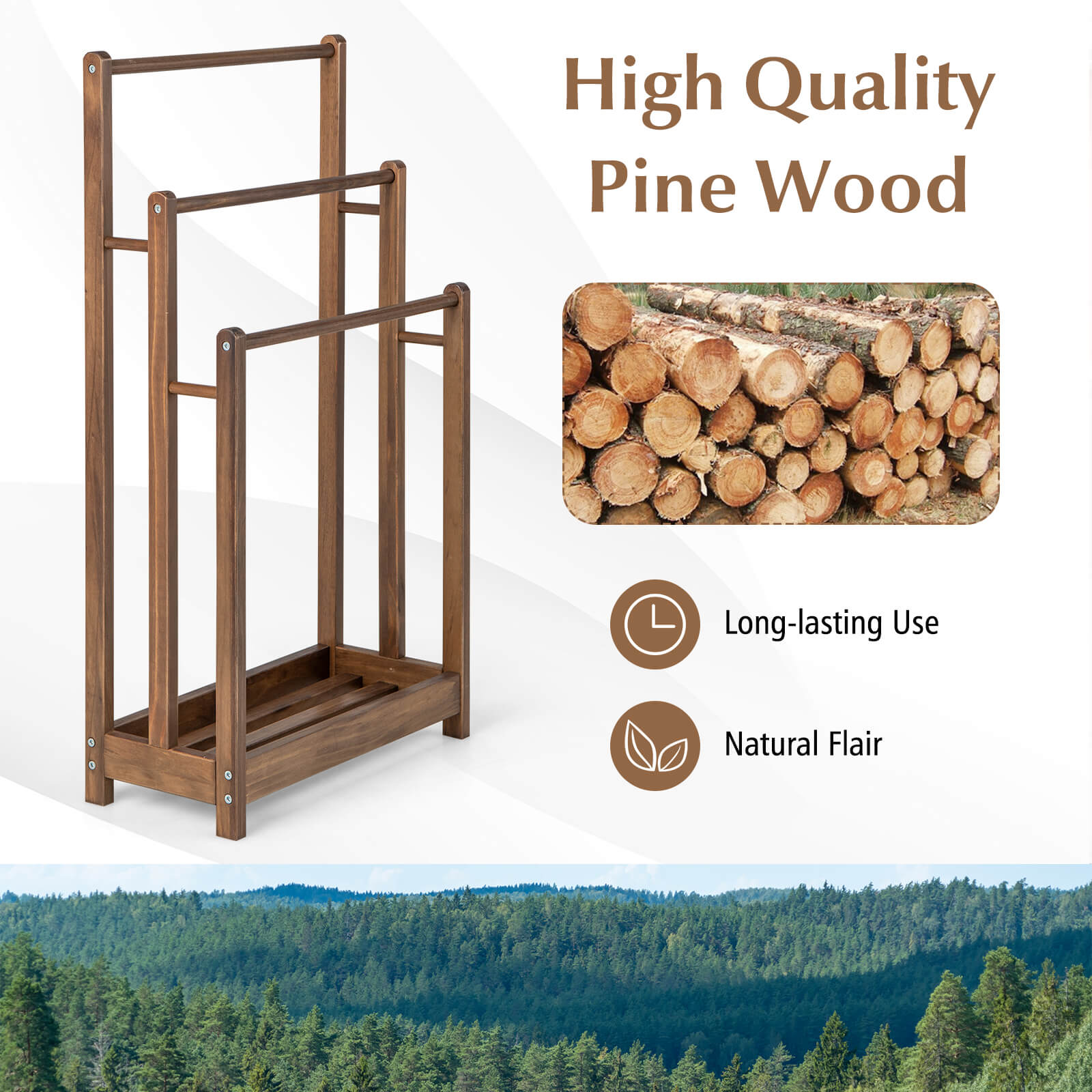 Freestanding Wood Towel Rack with 3 Individual Bars and Bottom Storage Shelf-Rustic Brown