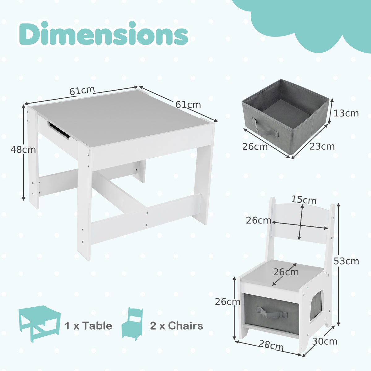 The kids table and chair set with labels showing the dimensions of each component