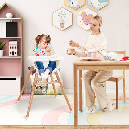 Wooden Baby Infant High chair Adjustable Double Tray with 5-Point Harness and Comfortable Footrest-Beige