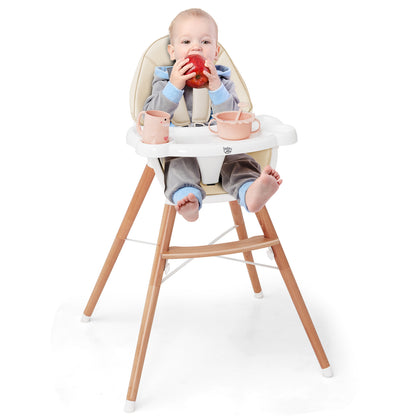 Wooden Baby Infant High chair Adjustable Double Tray with 5-Point Harness and Comfortable Footrest-Beige