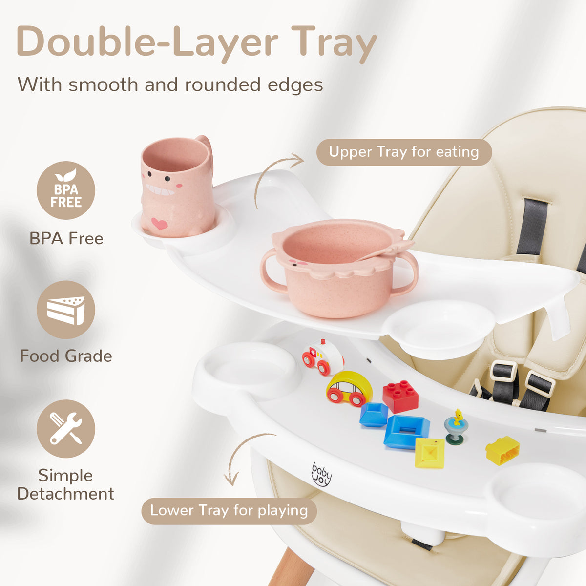 Wooden Baby Infant High chair Adjustable Double Tray with 5-Point Harness and Comfortable Footrest-Beige